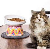 KUTKUT Newest 2022 Style Boho Pattern Round Ceramic Elevated Food Bowl Protect Pets' Spines and Neck, Anti Vomiting Porcelain Stress Free Tilted Bowl for Cats and Small Dogs (Medium) - kutkut